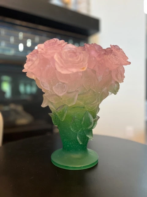 VINTAGE 20th FRENCH RARE LARGE DAUM CRYSTAL ROSES VASE GREEN  & PINK SINGED