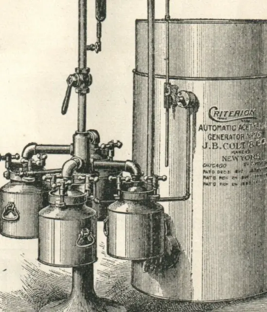 1898 Colt Acetylene Gas Burning Antique Generator Pump Heater Appliance Ad A034