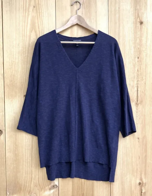 Eileen Fisher Organic Linen/Cotton Blue Slub V-Neck Sweater Sz Medium