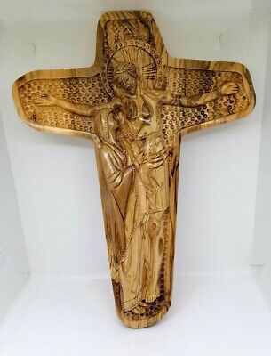 New Nice Jesus Virgin Mary cross olive wood hand carved holy land Gift 33*25 cm