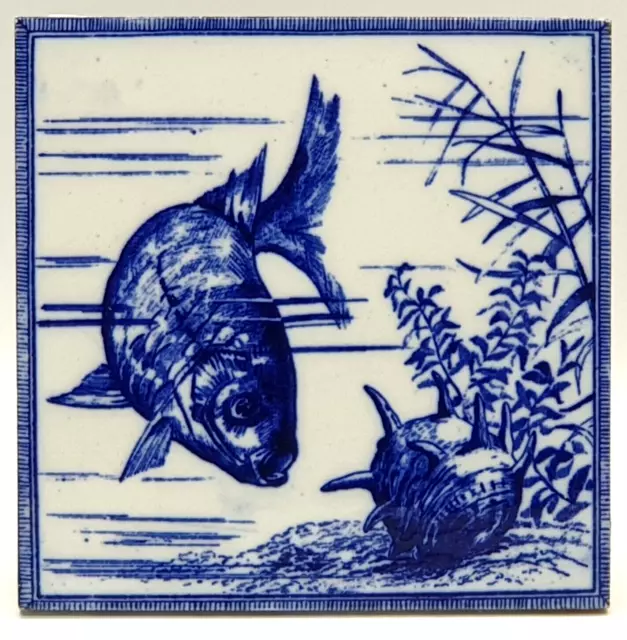 Aesthetic Transfer-Printed Tile Minton, Hollins & Company Fish Motif C1880 AE16