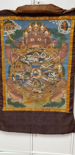 Original Thangka mit Stoffeinrahmung, Miniaturmalerei , authentische Patina