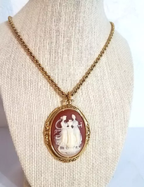 Vintage Stamped 1928 Gold Tone Statement Grecian Muses Cameo Pendant Necklace