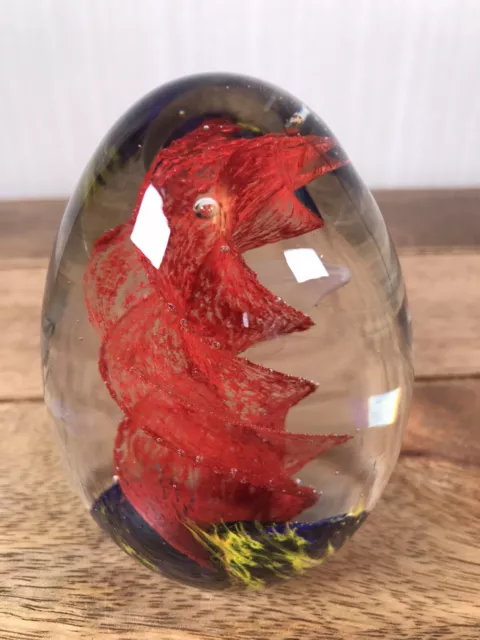 Art Glass Large Egg Red Swirl With Blue & Yellow Base Paperweight 9cm High