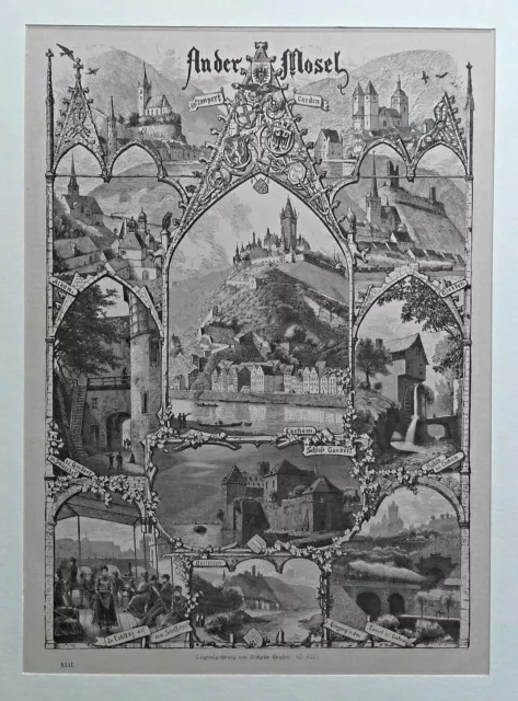 Mosel, Cochem, Gondorf - Sammelblatt Geissler - Stich, Holzstich um 1885