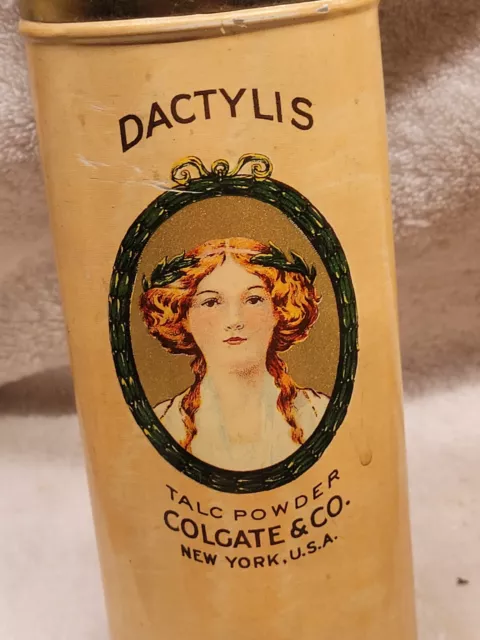 Colorful Colgates Dactylis Talc Tin Talcum Baby Bath Toilet Great Graphics 2