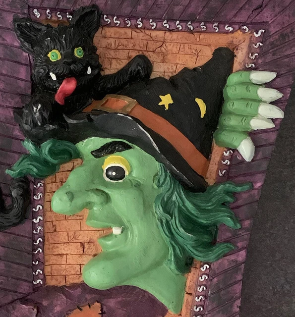 Vintage 2001 Spooky Hollow 3D Spookey Wall Plaque Halloween Witch Black Cat 3