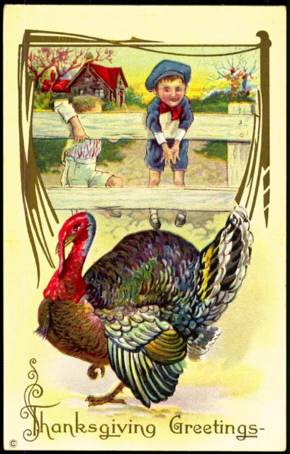 Thanksgiving c 1910 Kinder & Truthahn Präge Litho Alte Postkarte Ak No.390