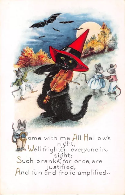 1920's? Black Cat Playing Fiddle Mice Dancing Halloween post card Whitney