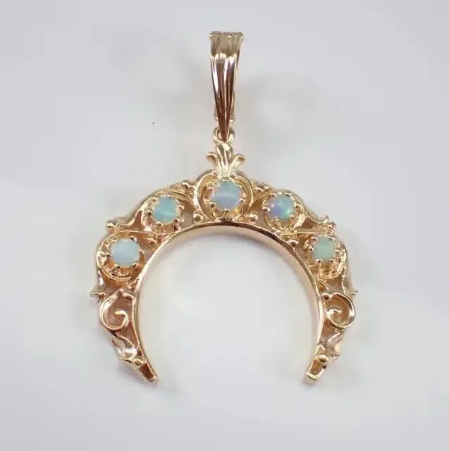1Ct Round Cut Natural Fire Opal Crescent Moon Pendant 14K Yellow Gold Plated 18"