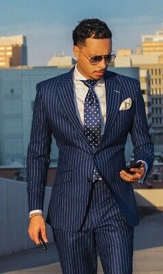 Navy Men's Suit Stripe Slim Fit Prom Business Groom Tuxedo Wedding Suit Tailored