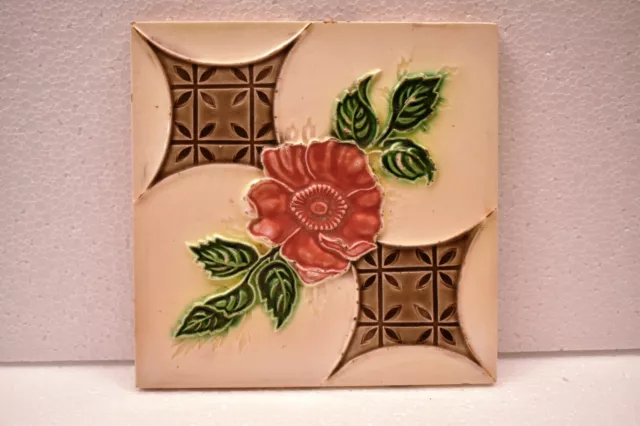 Antique Saji Tile Japan Majolica Art Nouveau Porcelain Floral Rose Geometric"J66
