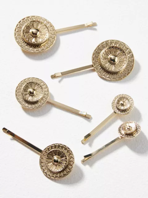 ANTHROPOLOGIE Set x 6 Greek Revival Retro Modernist Hair Pins Clips NWT Gold