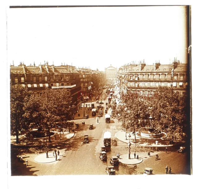 Avenue de l’Opéra Paris FRANCE c1930 Photo Plaque de verre Stereo Vintage 