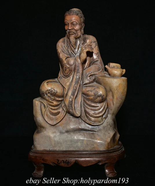13.2" Chinese Natural Shoushan Stone Carved Old Man Figure Statue Sculpture