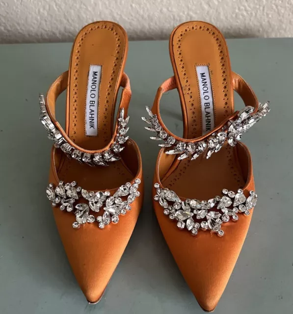 Manolo Blahnik Orange Satin Lurum Jewel Leaf Crystal Leaf Mules Size 37