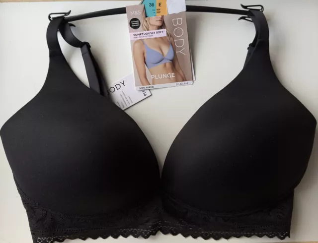 M & S BODY NON WIRED PLUNGE BRA 40D SUMPTUOUSLY SOFT BLACK MARKS SPENCER