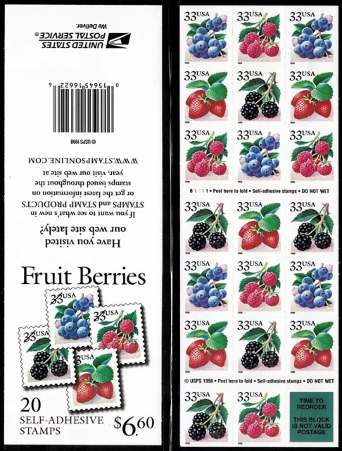 US 1999 SC#3297b FRUIT BERRIES POSTAGE STAMP COMPLETE BOOKLET OF 20 MNH