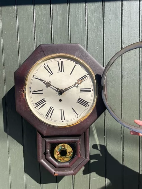 Waterbury Clock Co. c.1905 Schoolhouse Regulator Short Drop Wall Clock W/PENDUL.