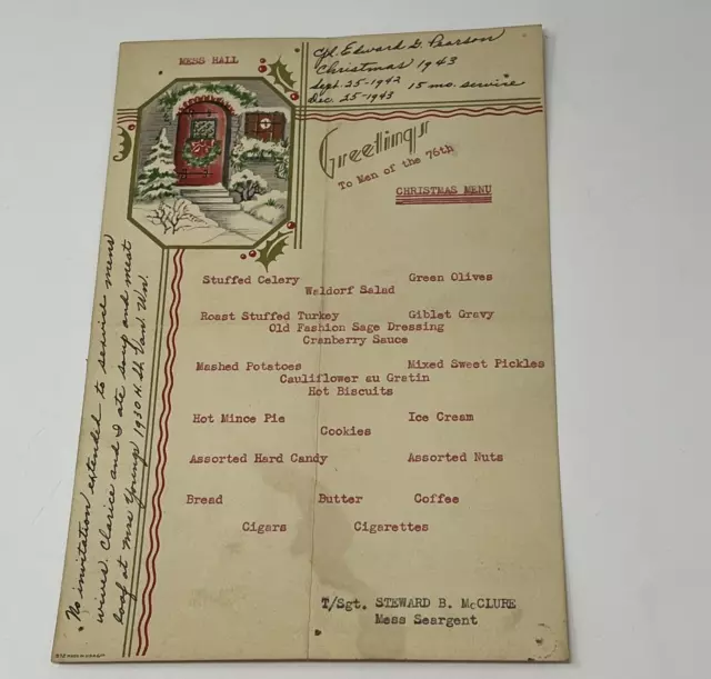 1943 WWII U.S. Army 76th General Hospital Christmas Menu Mess Hall Soldier Notes