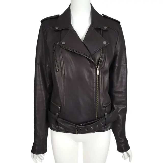 BANANA REPUBLIC Women's Moto Jacket Size M Black Lamb Leather Zip Pockets Belted