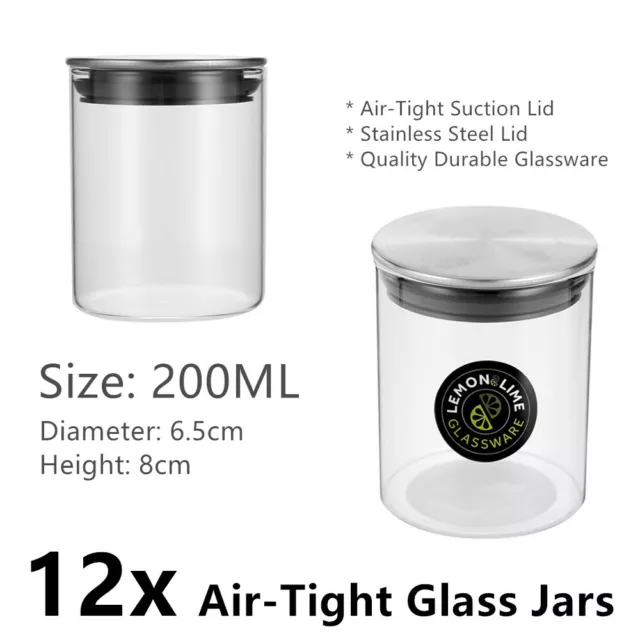 12x Air Tight 200ML Glass Jars Stainless Steel Lid Food Storage Container Bottle