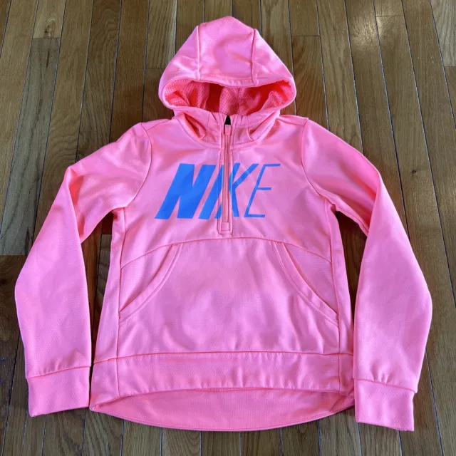 NIKE Dri-Fit Neon ORANGE Kangaroo Pocket 1/4 Zip Hooded Sweatshirt Girl's M