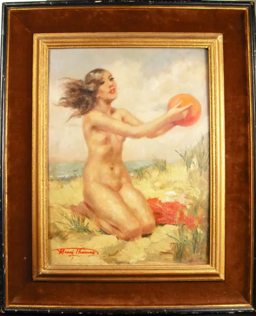 Henri Thomas ""A la beach young woman naked balloon oil on panel paint c1930