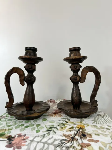 Antique Rustic Wooden Candlestick Holders - Set of Two - Rustic With Iron Pins