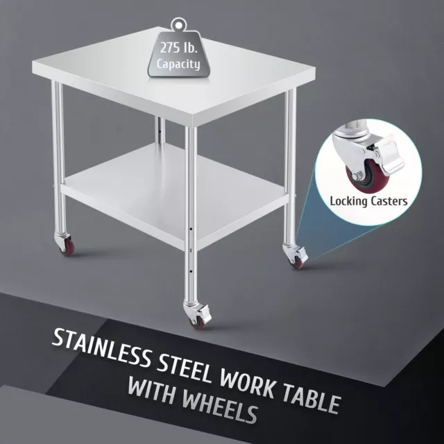 36x30 in Stainless Steel Work Table Kitchen Island on Wheels w Adjustable Shelf