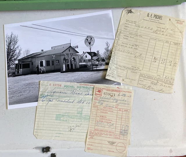 Vtg VELTEX Gas Station Photo & 3 1944-1955 MOBIL Gas Receipts-Square Deal Garage