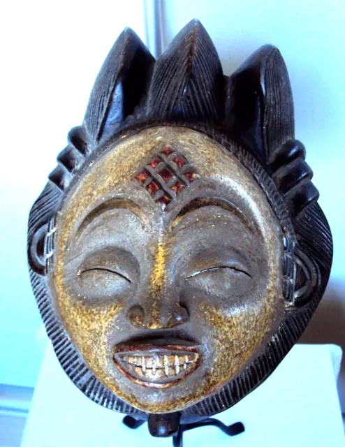 VINTAGE PUNU MASK 2 RARE POLYCHROME African Carving Statue!!