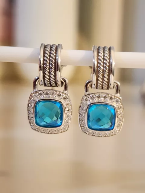 David Yurman Sterling Silver Albion 7mm With Blue Topaz & Diamonds Drop Earrings