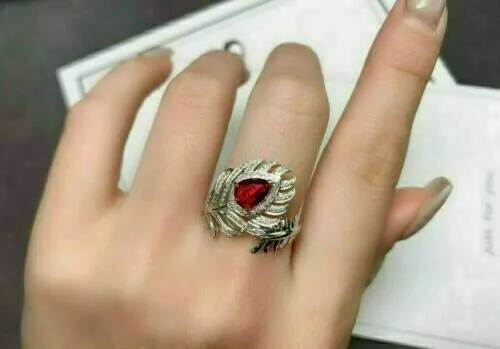 Natural 3 Ct Pear Red Garnet Peacock Feather Ring 14k White Gold Silver Plated