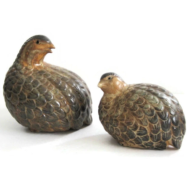 2 Quail Partridge Stoneware Bird Figurines 6in 4in Japan Vintage Mid Century