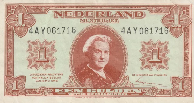 Netherlands 1945 1 Gulden Banknote Pick 70 Bargain Bin