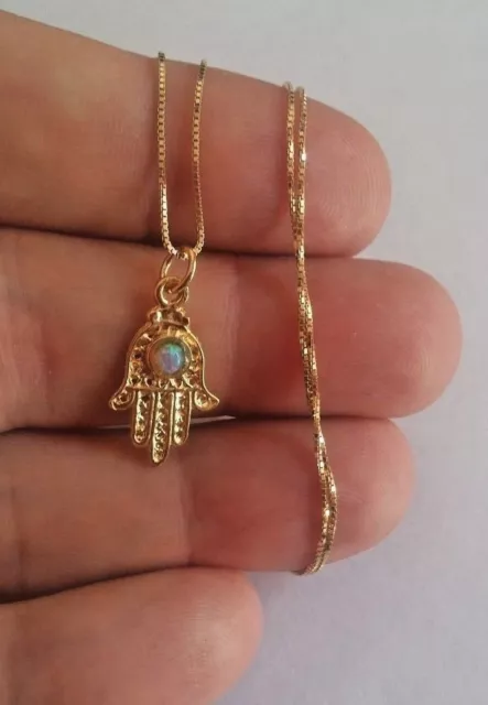 14K Gold Hamsa Necklace, Hamsa Charm with Opal Bead, Hamsa Pendant on fine Chain