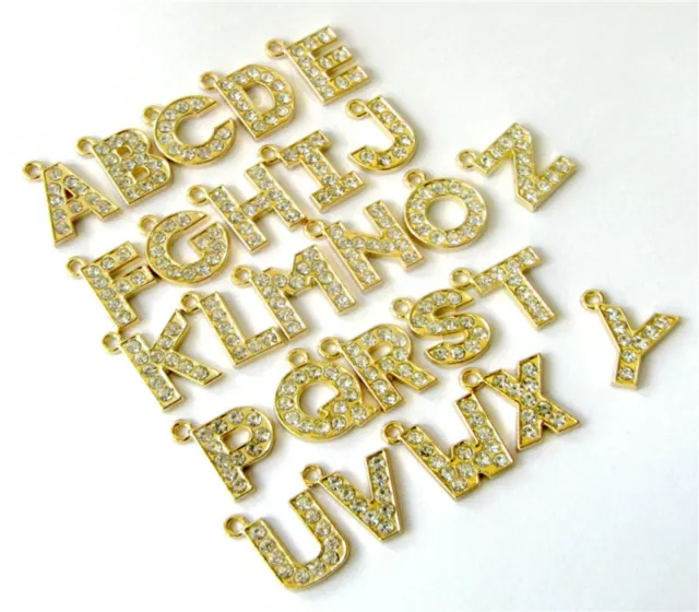 26 Golden Tone Alloy Rhinestone Mixed Alphabet Letter "A-Z" Charms Pendants