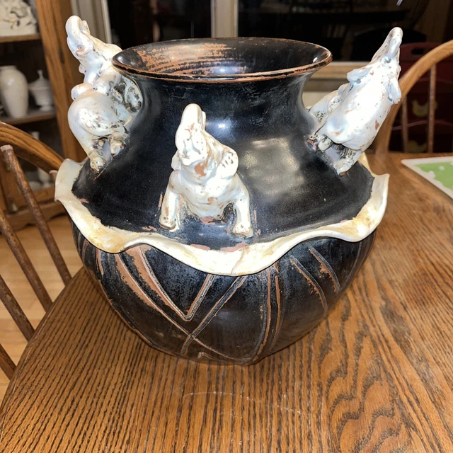 Antique Chinese Hand Made Pottery Vase Statue With 4 Elephants