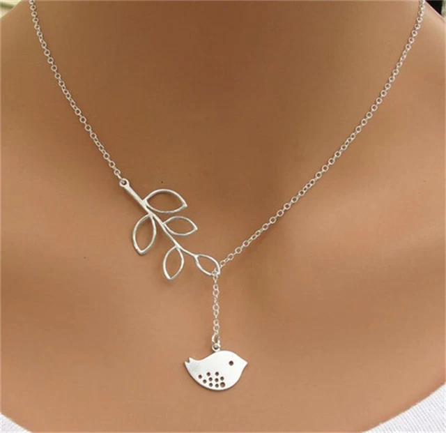 Pop Silver Branch Cross Chain Leaves Peace Bird Pendant Adjustable Necklace