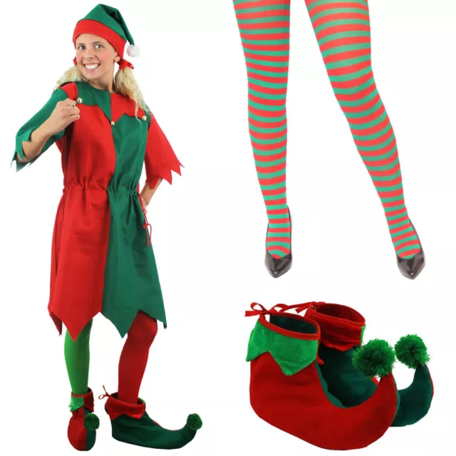 Ladies Elf Costume Christmas Fancy Dress Optional Accessories Xmas Party S-Xl