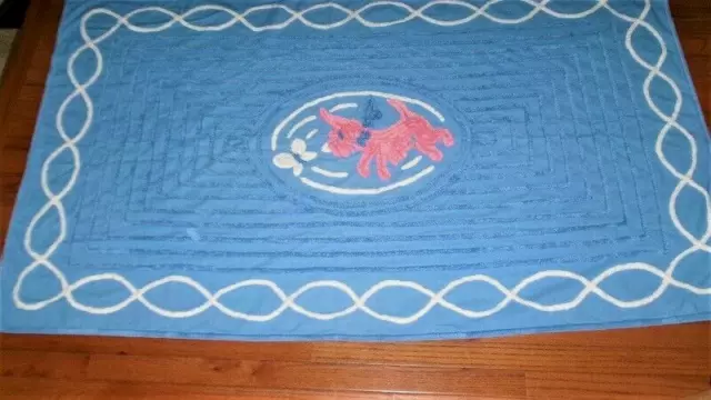 Vtg Blue W Pink Scottie Dog Tuft Cotton Chenille Baby Crib  Bed Blanket Quilt