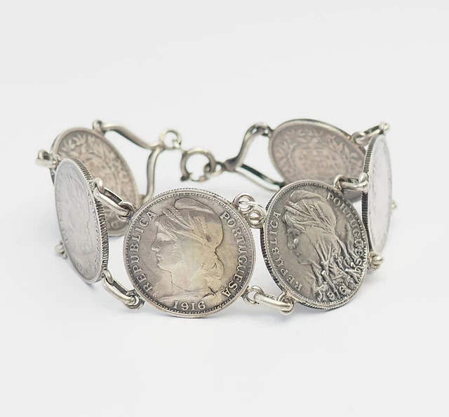 Portuguese Republic silver 20 centavos 1910s antique coin bracelet Portugal