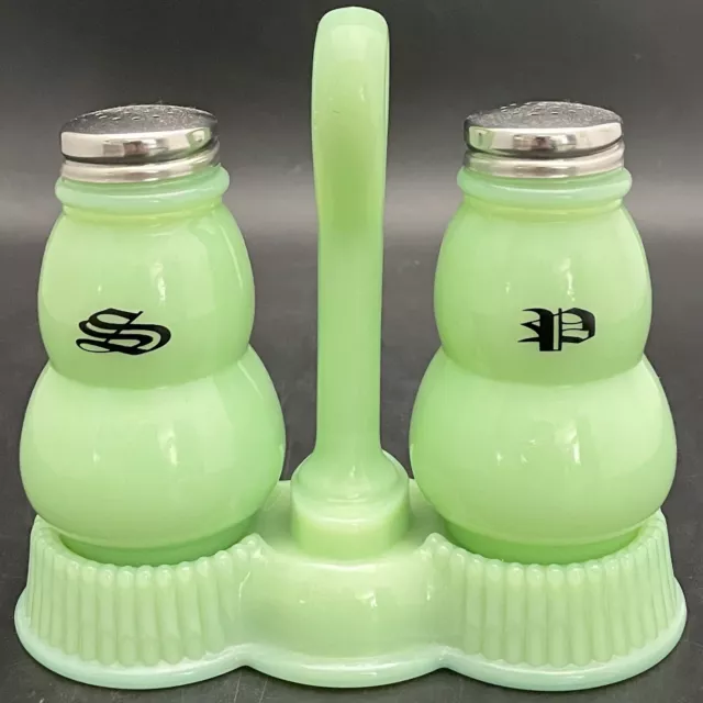 Mosser Glass Jadeite Salt Pepper Shaker Set on Cady c1970s Made in USA