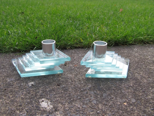 One Pair Of Art Deco, Stacked Clear Glass Candalsticks, Diamond Facet Pattern 2