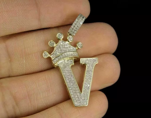 2.50Ct Lab-Created Diamond Initial Letter V Crown Pendant 14K Yellow Gold Finish