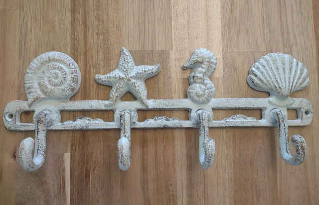 Sm Cast Iron NAUTICAL Coat Towel Rack Hooks Hat SEAHORSE STARFISH Rustic Beach