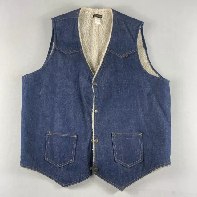 Vtg Key Jeans Vest Sherpa Denim Mens Xl Blue Button Snap Western Biker 70S 80S