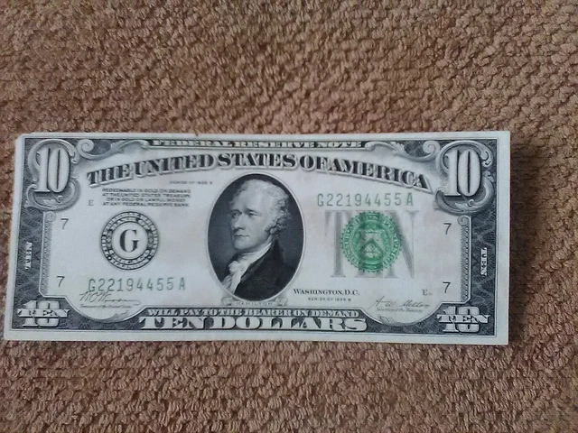 1928 Series B $10 Ten Dollar Banknote, Crisp, Very Nice,Au++/Unc,Dark Green Seal