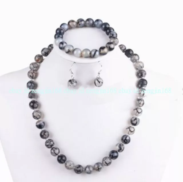 8/10/12mm Natural Black White Dragon Veins Agate Necklace Bracelet Earrings Set
